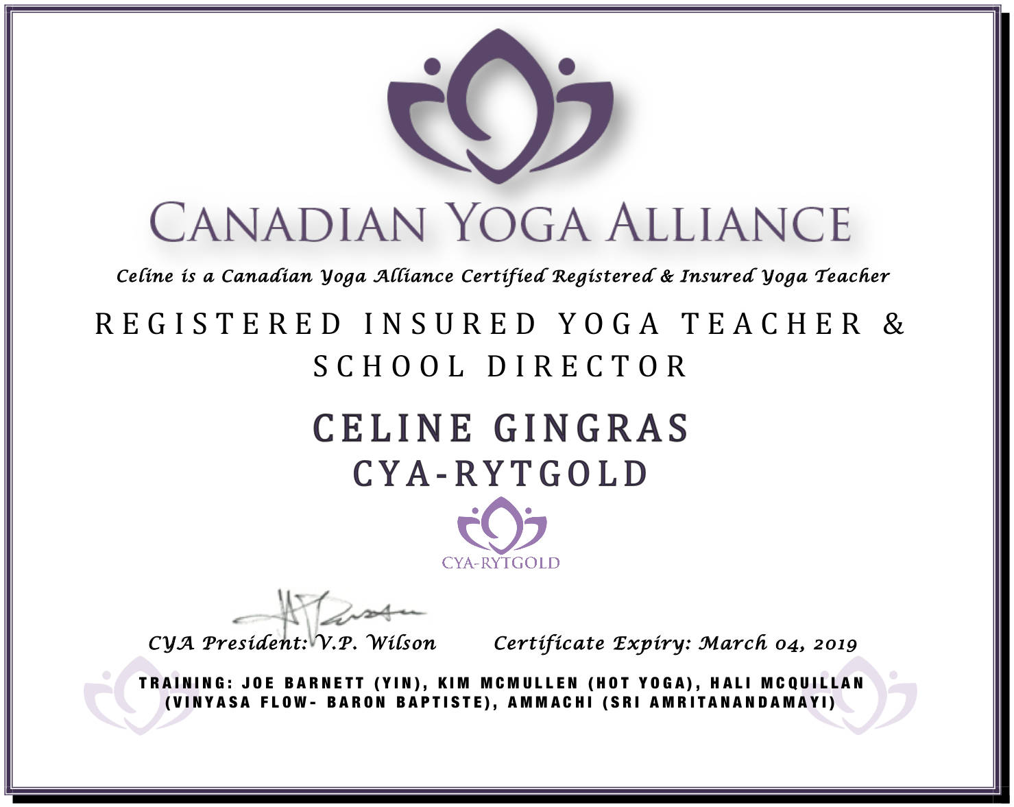 Yoga de la Vie - Diploma: CYA-RYT Gold